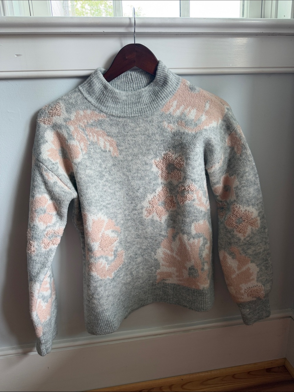 Caslon Grey Knit Sweater with Blush Floral Mock Neck